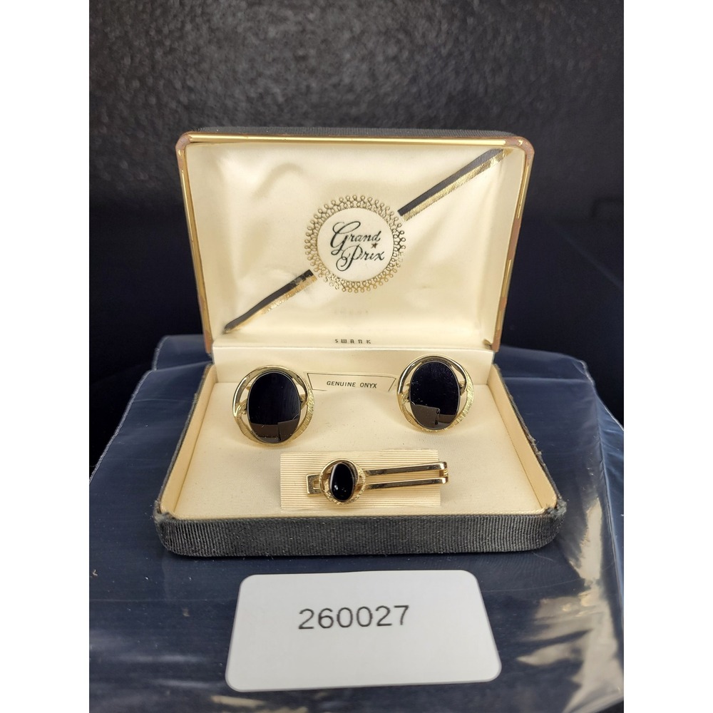 Swark Grand Prix Cufflinks Tie Clip Set Gold Tone Genuine Onyx Black Excellent